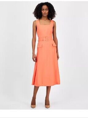 Tahari ASL Coral Orange Linen Blend Belted Fit & Flare Midi Dress Size 10 NWT